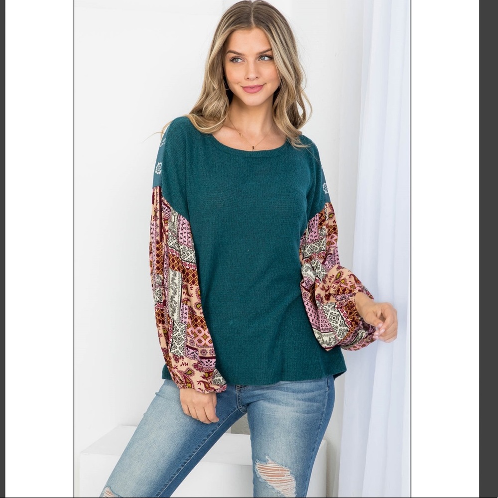Mixed Media Top with Floral Long Sleeves